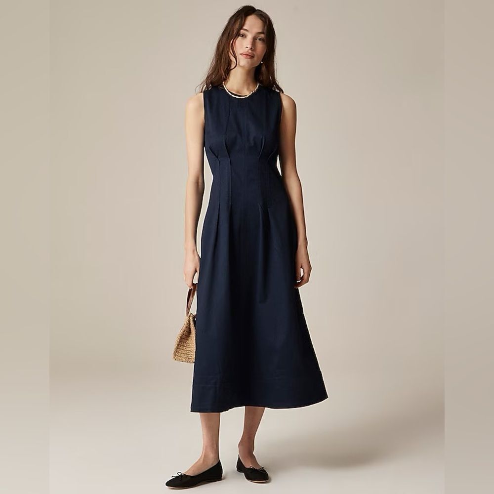 NWT J CREW Pintuck midi dress in stretch twill in navy - Picture 2 of 7